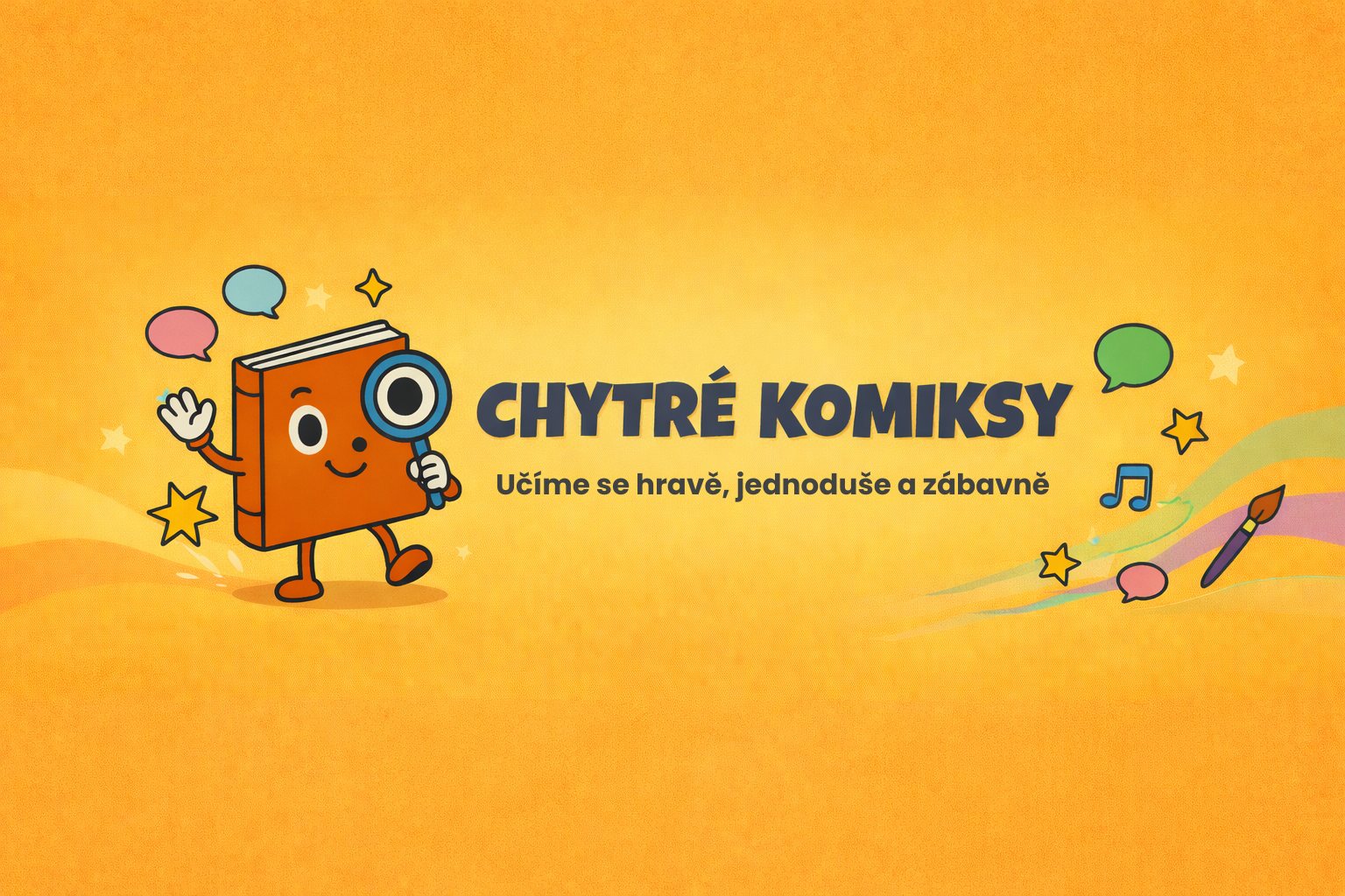 Chytré komiksy. Učíme se hravě, jednoduše a zábavně. Maskot knihy s lupou.